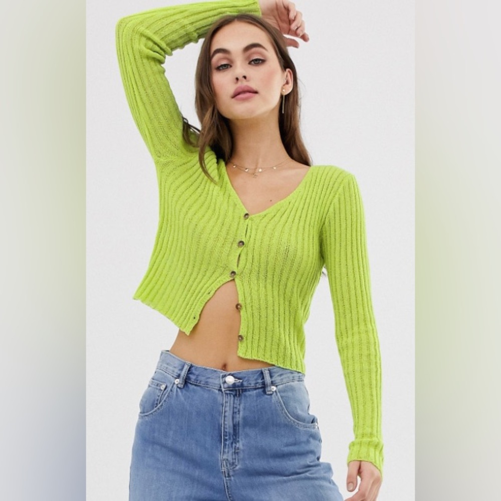 Emory Park Cropped Lime Green Ribbed V-Neck Cardigan Sz S